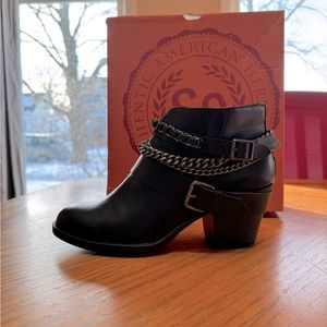 SO Bus Stop Black Chain Strappy Moto Ankle Boots Block Heel